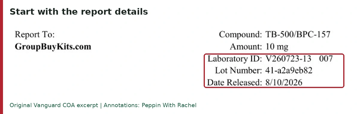 Vanguard COA report details for TB-500/BPC-157 10 mg, laboratory ID V260723-13 007, lot 41-a2a9eb82, released August 10, 2026.