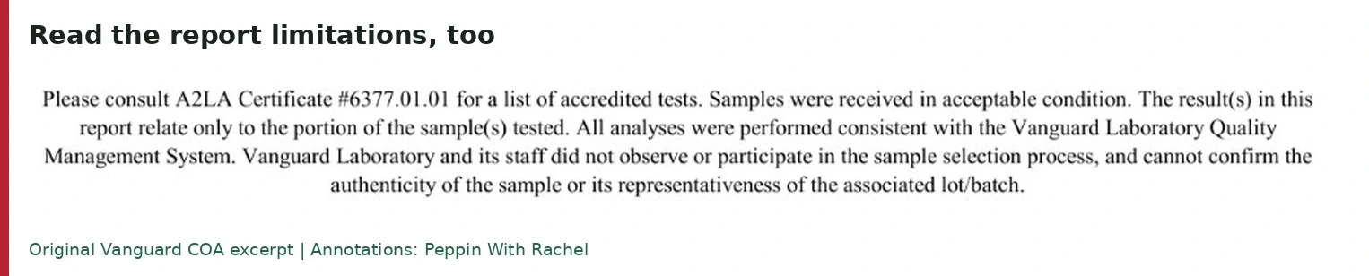 Original report disclaimer states that results relate to the tested portions and that the laboratory did not observe sample selection or confirm batch representativeness.